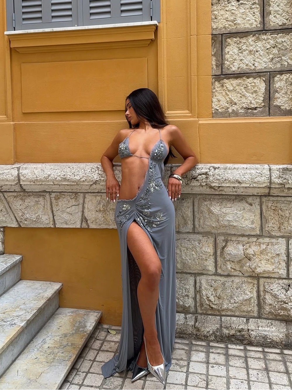Jaded London Brisa Asymmetric Hand-Beaded Maxi dress